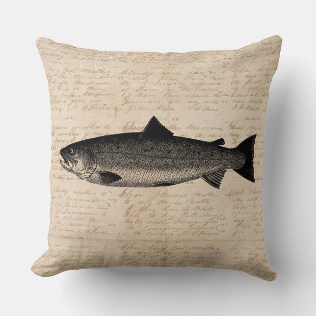 Antique Fishing Art Trout Fisch Illustration Skrip Kissen (Vorderseite)