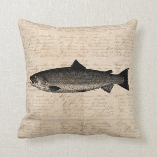 Antique Fishing Art Trout Fisch Illustration Skrip Kissen