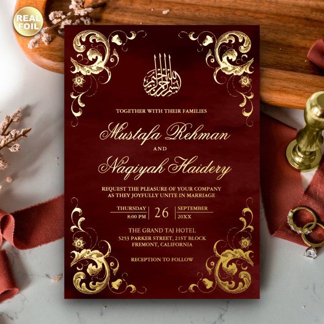Antique Frame Burgundy Red Islamic Wedding Gold Folieneinladung (Von Creator hochgeladen)
