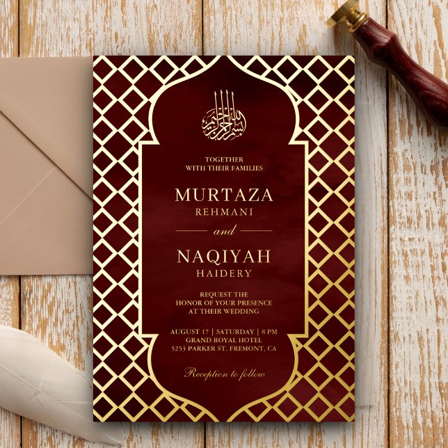 Antique Frame Burgundy Red Muslim Wedding Gold Folieneinladung (Von Creator hochgeladen)