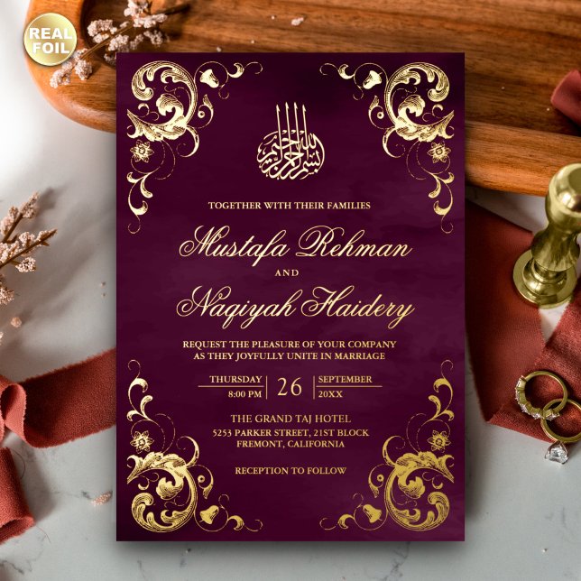 Antique Frame Plum Lila islamische Hochzeit Gold Folieneinladung (Von Creator hochgeladen)