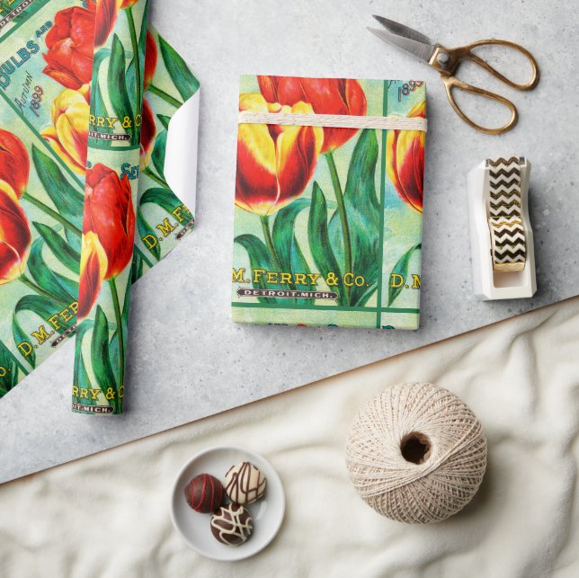 Antique Garden Advertisement, Yellow Red Tulips Geschenkpapier (Kunsthandwerk)