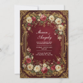 Antique Gilded Burgundy Floral Formal Wedding Einladung