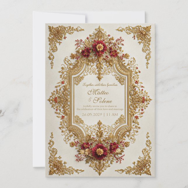 Antique Gilded Burgundy Floral Formal Wedding Einladung (Vorderseite)