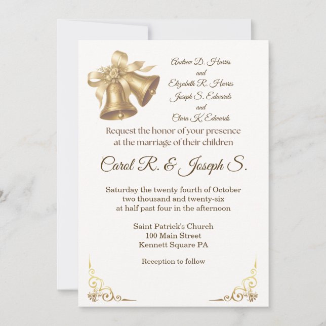 Antique Gold Bells Wedding Invitation (Devant)