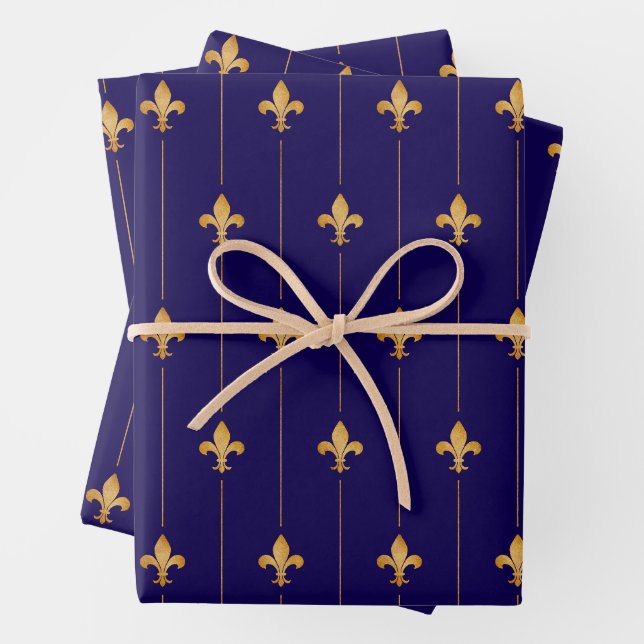 Antique Gold Fleur-de-Lis Dark Blue Geschenkpapier Set (Beispiel)