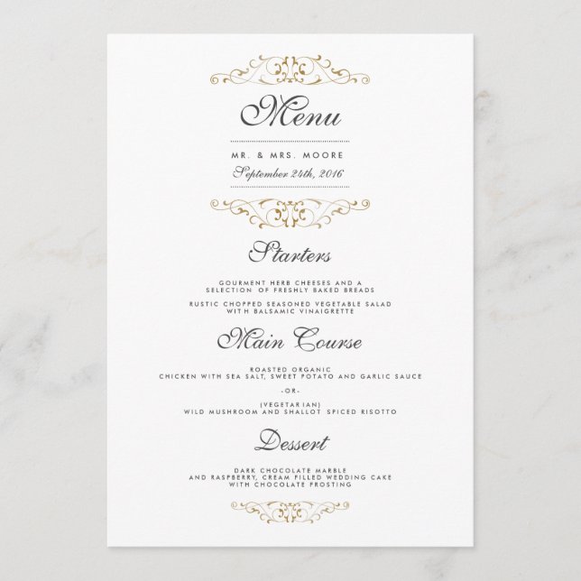 Antique Gold Floury Mariage Dîner Menu (Devant)
