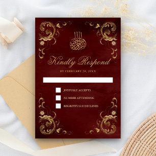 Antique Gold Frame Burgundy Red Islamic Wedding RSVP Karte