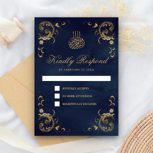 Antique Gold Frame Navy Blue Islamische Hochzeit RSVP Karte