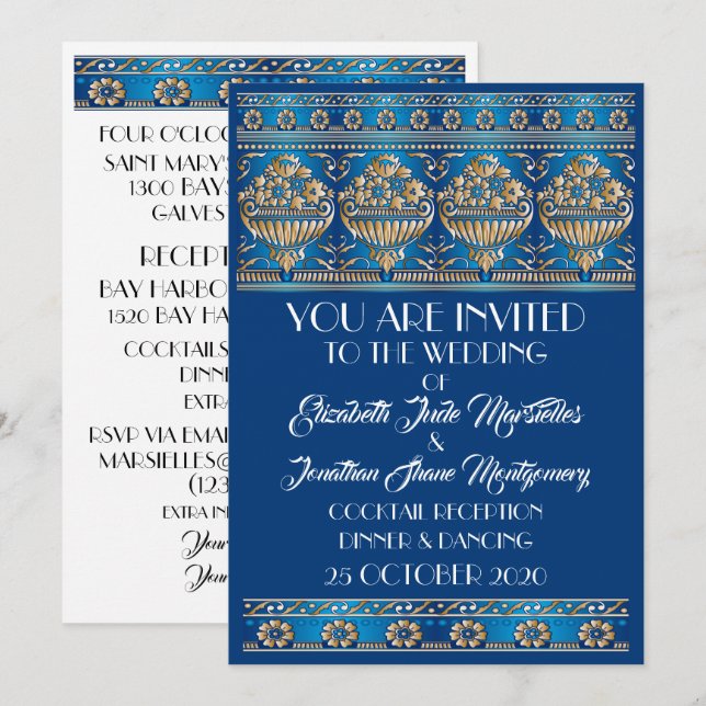 Antique Gold Lovely Blue Wedding - Formal Event Einladung (Vorne/Hinten)