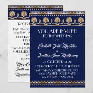 Antique Gold Lovely Blue Wedding - Formal Event Einladung