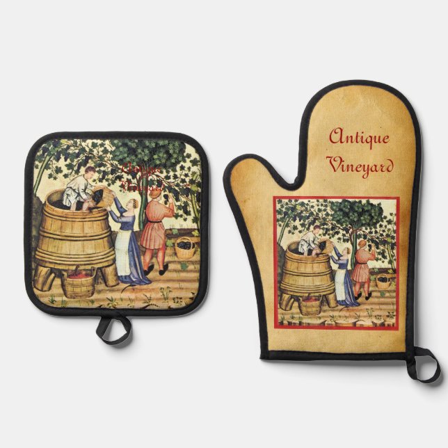 ANTIQUE GRAPE VINEYARD HARVEST PARCHMENT OFENHANDSCHUH & Topflappen-Set (Vorderseite)