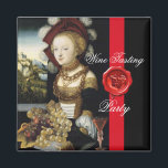 ANTIQUE GRAPE VINEYARD WINE TASTING PARTY WAX SEAL MAGNET<br><div class="desc">Beautiful blond young girl with gorgeous dress and gold jewelry with red hat and white feathers holding a plate full of red yellow grapes, grape vines , red green fall leaves with a lake landscape in background by German painter Lucas Cranach the Elder 1530 .Classic, elegant vintage style digital collage...</div>