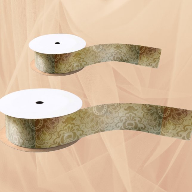 Antique Green Gold Damask  Satinband (Beautiful ribbon for crafting or gifting!)