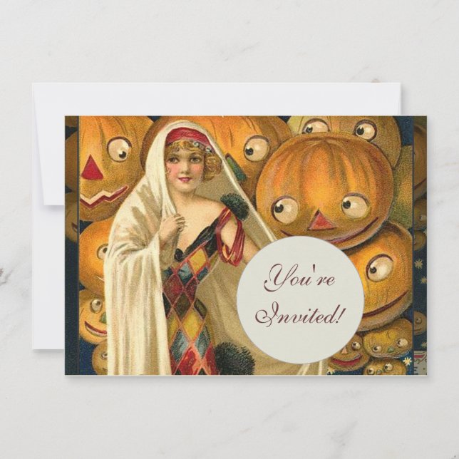 Antique Halloween Kürbislaterne Kostüm Frau Einladung (Vorderseite)