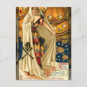 Antique Halloween Kürbislaterne Kostüm Frau Postkarte
