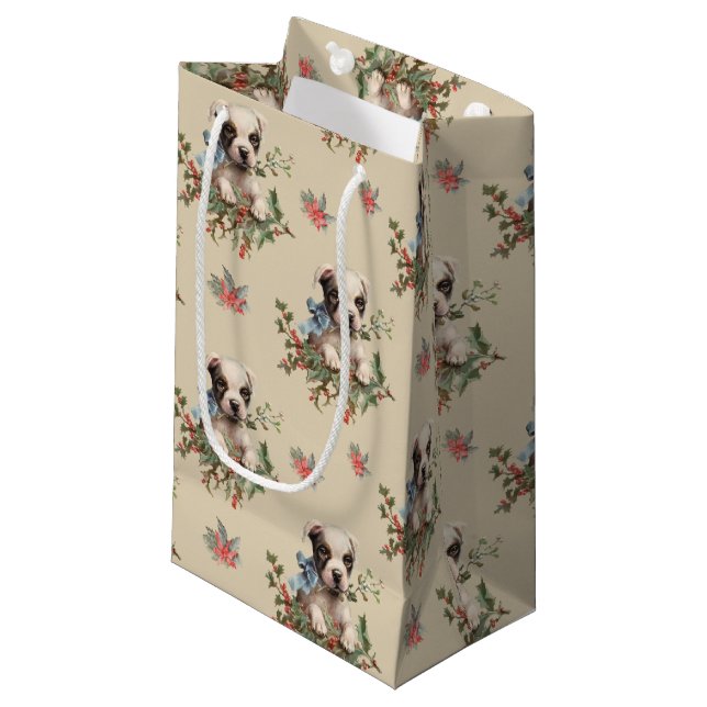 Antique Illustration Sweet Dog Weihnachtsmuster Kleine Geschenktüte (Vorderseite Schrägansicht)