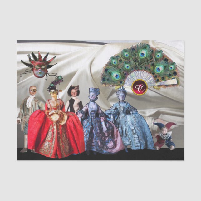 ANTIQUE ITALIENISCHE PUPPETS, MASQUERADE MASKEN We Seidenpapier (Vorderseite)