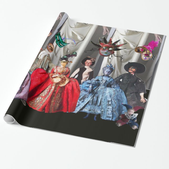 ANTIQUE ITALIENISCHE PUPPETS UND MASKEN MASQUERADE GESCHENKPAPIER (Ungerollt)
