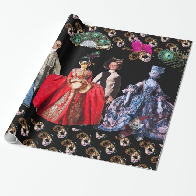 ANTIQUE ITALIENISCHE PUPPETS UND MASKEN MASQUERADE GESCHENKPAPIER (Ungerollt)