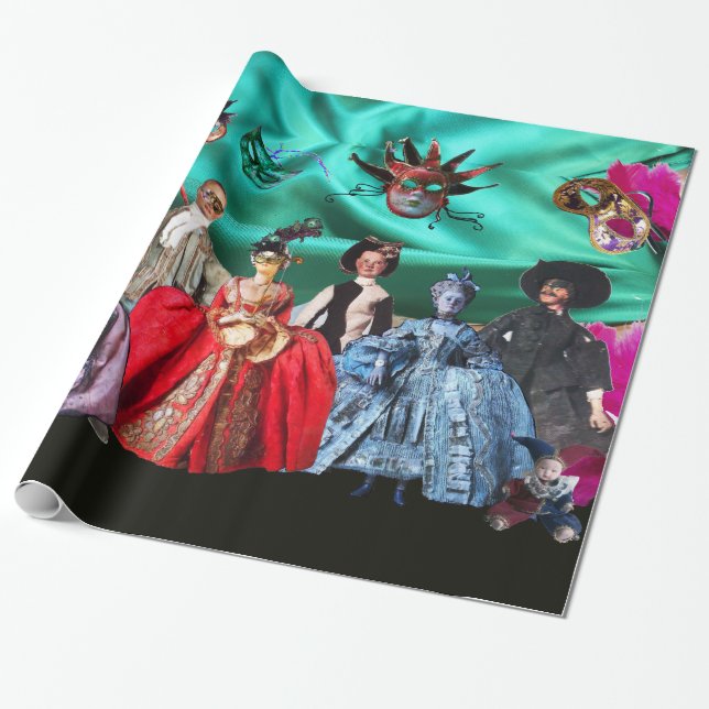 ANTIQUE ITALIENISCHE PUPPETS UND MASKEN MASQUERADE GESCHENKPAPIER (Ungerollt)
