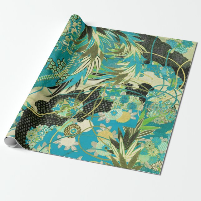 ANTIQUE JAPANESE BLUME Aqua Geschenkpapier (Ungerollt)