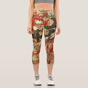 ANTIQUE JAPANESE BLUME Rote grüne Schwarze Blüte Capri Leggings