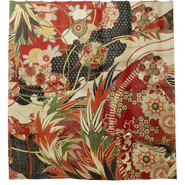 ANTIQUE JAPANESE BLUME Rote grüne Schwarze Blüte Duschvorhang (Vorderseite)