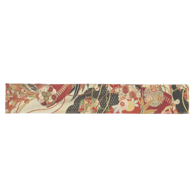 ANTIQUE JAPANESE BLUME Rote grüne Schwarze Blüte Großer Tischläufer (Horizontal)
