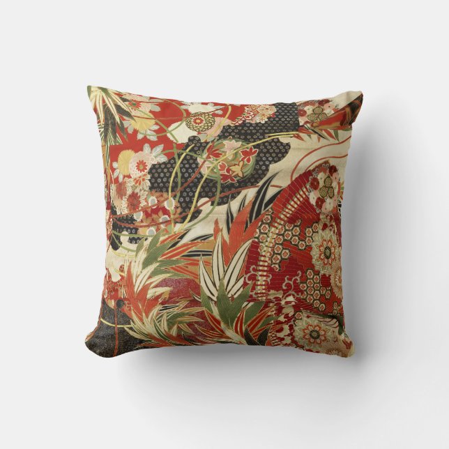 ANTIQUE JAPANESE BLUME Rote grüne Schwarze Blüte Kissen (Vorderseite)