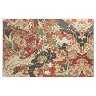 ANTIQUE JAPANESE BLUME Rote grüne Schwarze Blüte Stoff