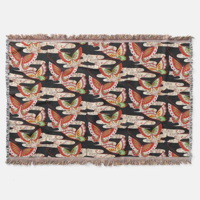 ANTIQUE JAPANESE BUTTERFLIES Rotes Schwarz-weiß Decke (Vorderseite)
