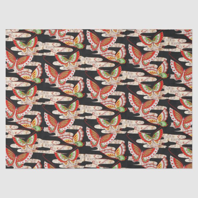 ANTIQUE JAPANESE BUTTERFLIES Rotes Schwarz-weiß Seidenpapier (Vorderseite)