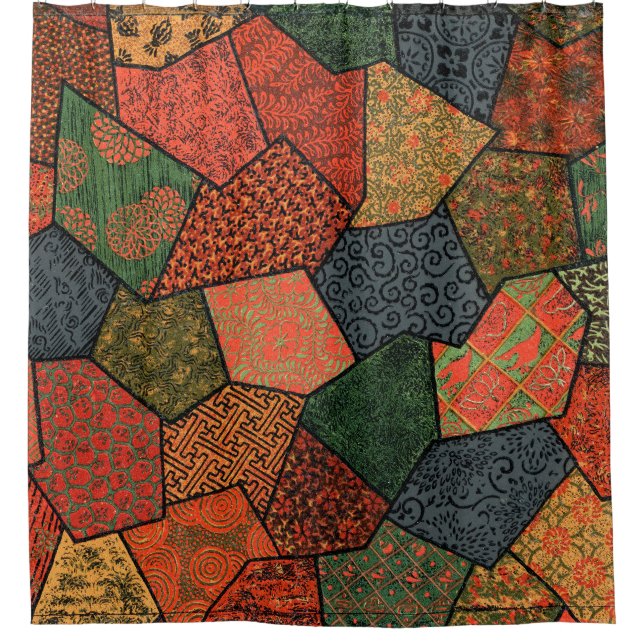 ANTIQUE JAPANISCHE BLUME,BLÄTTER,GEOMETRISCHE FLÜS DUSCHVORHANG (Vorderseite)
