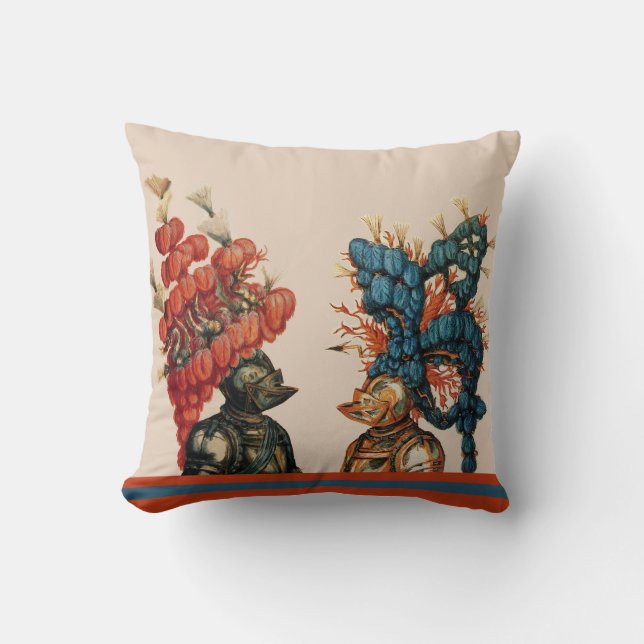 ANTIQUE KNIGHT HELMETS, DRAGONS, RED BLUE FEATHERS KISSEN (Vorderseite)