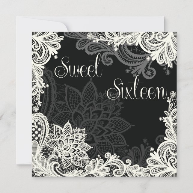 Antique Lace Black 16 . Geburtstag Party Einladung (Vorderseite)