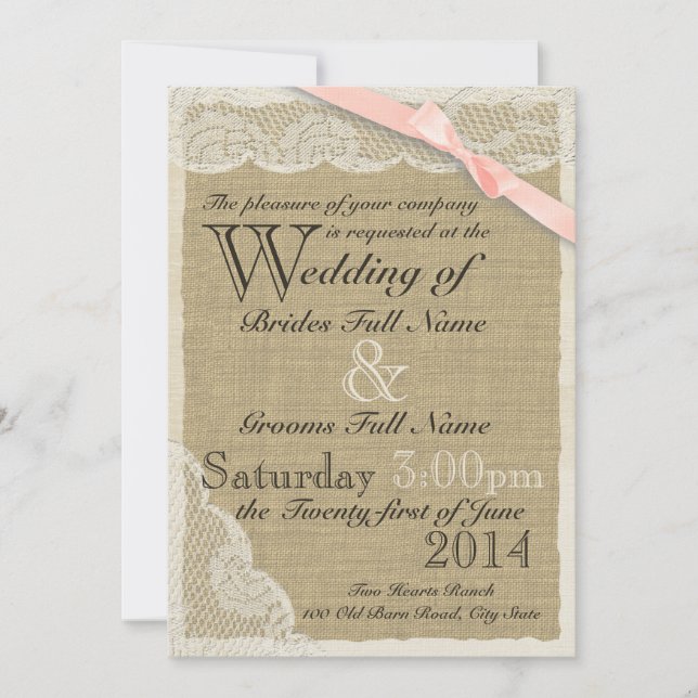 Antique Lace Blush Bow Country Wedding Einladung (Vorderseite)