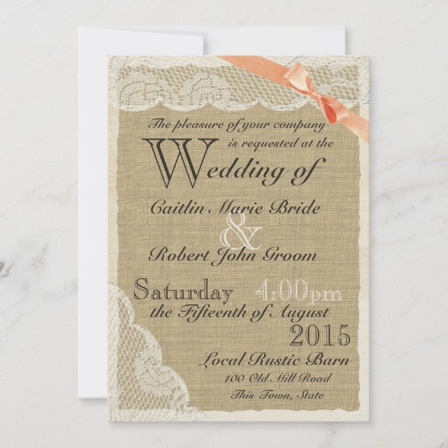 Antique Lace Coral Bow Country Wedding Einladung (Vorderseite)