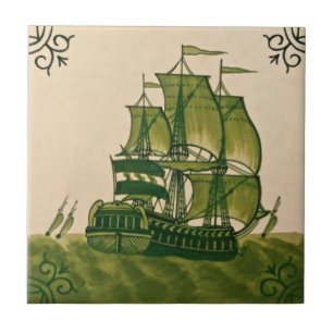 Antique Minton Hollins Delft Ship Tile #2 Repro Fliese