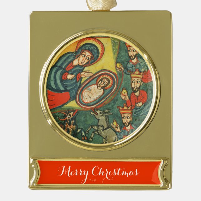 ANTIQUE NATIVITÄTSPARCHMENT , ANNAHME VON MAGI Banner-Ornament GOLD (Vorderseite)