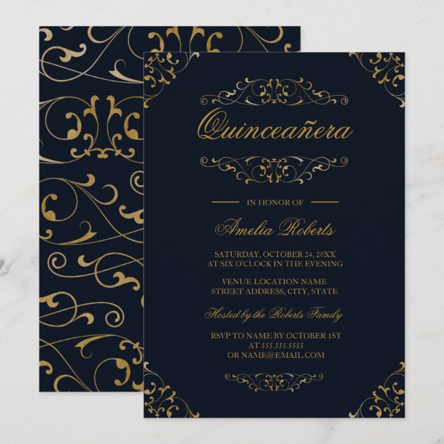 Antique Navy Gold Blüh Quinceanera Einladung (Vorne/Hinten)