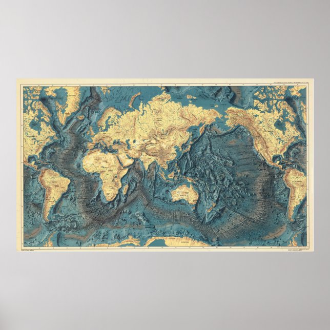 Antique Ocean Relief World Map: Yellow Continents  Poster (Vorne)