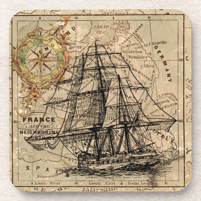 Antique Old General France Karte & Schiffslithogra Getränkeuntersetzer (Vorderseite)