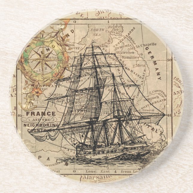 Antique Old General France Karte & Schiffslithogra Getränkeuntersetzer (Vorne)