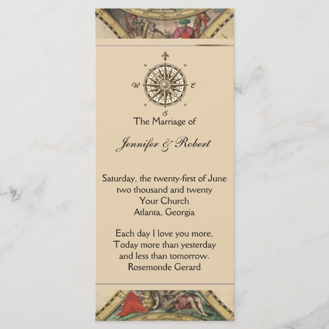 Antique Old World Map Hochzeitsprogramm Programm (Vorderseite)