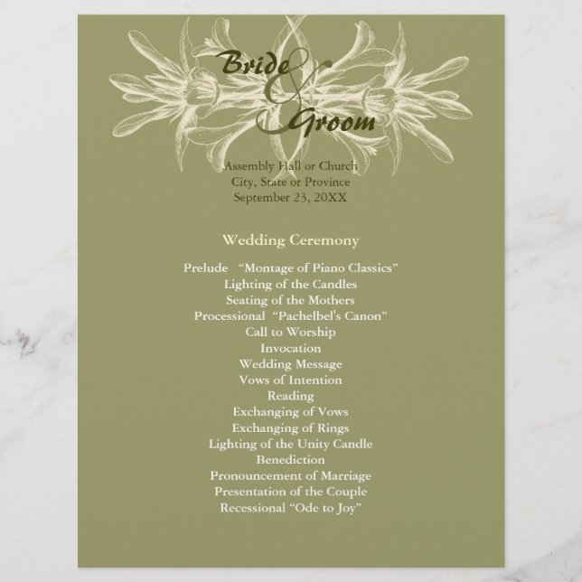 Antique Olive Floral Wedding Programme (Devant)
