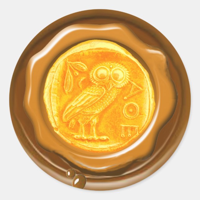 ANTIQUE OWL GOLD YELLOW BROWN WAX SIEGEL RUNDER AUFKLEBER (Vorderseite)