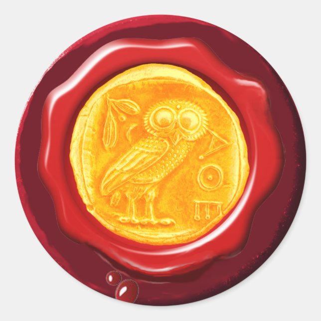 ANTIQUE OWL GOLD YELLOW RED WAX SIEGEL RUNDER AUFKLEBER (Vorderseite)