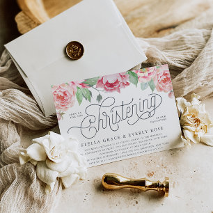 Antique Peony Twins Christening Invitations