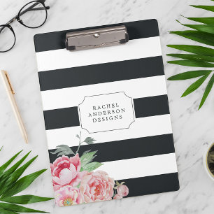 Antique Peony   Watercolor Floral Striped Klemmbrett